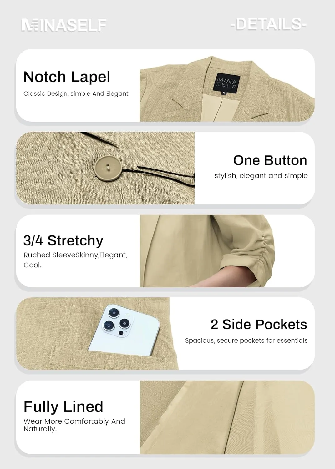 2025 Summer Linen Blazer Women Lightweight 3/4 Stretchy Ruched Sleeve Fully-Lined Casual Work Jacket with Pockets