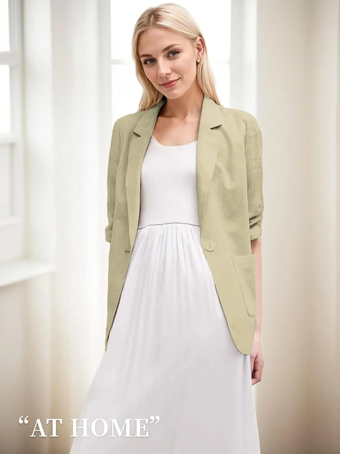 2025 Summer Linen Blazer Women Lightweight 3/4 Stretchy Ruched Sleeve Fully-Lined Casual Work Jacket with Pockets