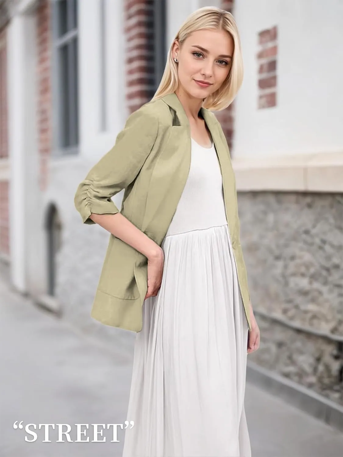 2025 Summer Linen Blazer Women Lightweight 3/4 Stretchy Ruched Sleeve Fully-Lined Casual Work Jacket with Pockets