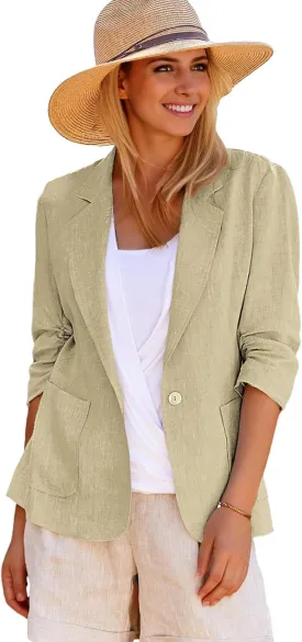 2025 Summer Linen Blazer Women Lightweight 3/4 Stretchy Ruched Sleeve Fully-Lined Casual Work Jacket with Pockets