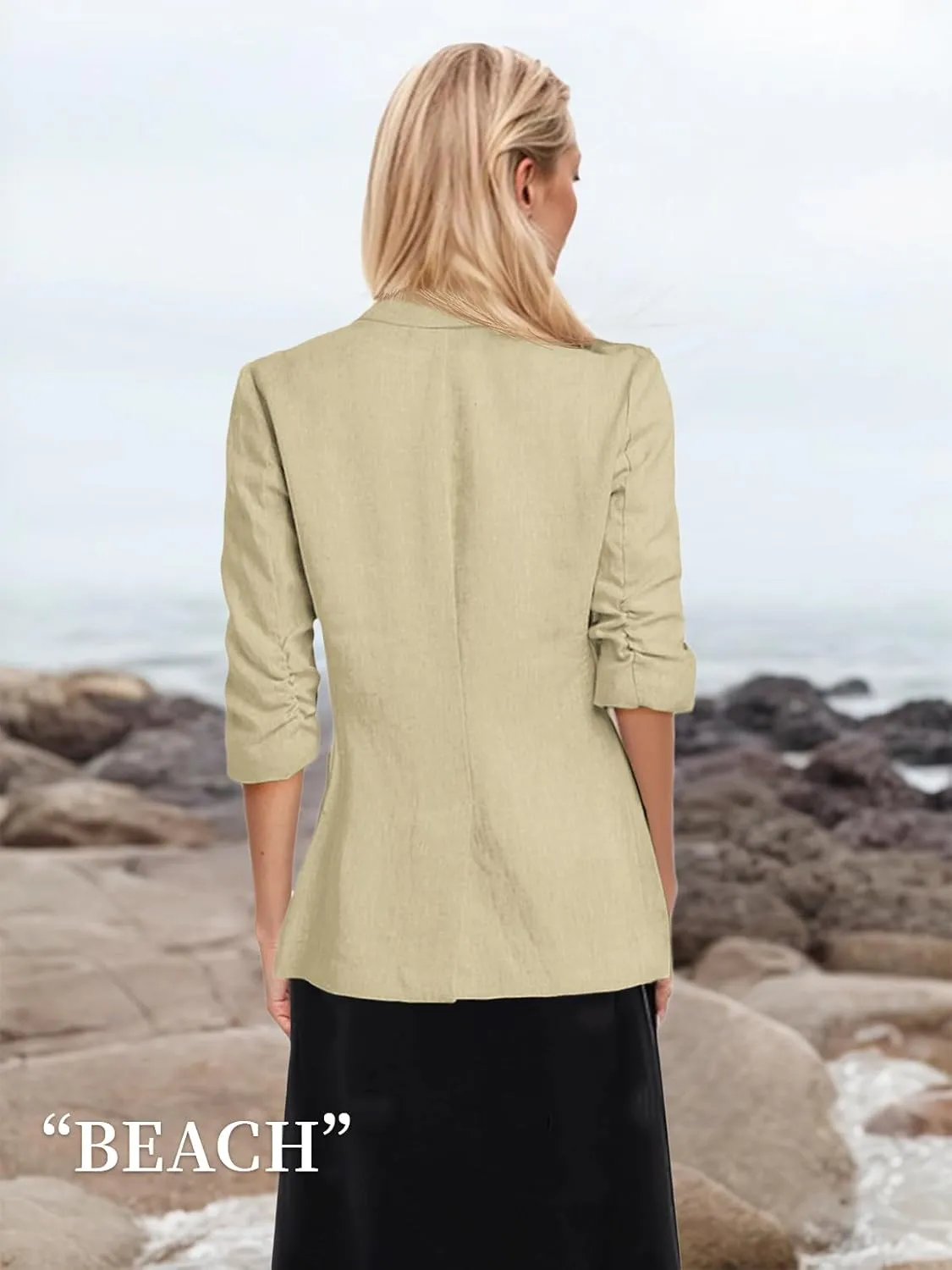 2025 Summer Linen Blazer Women Lightweight 3/4 Stretchy Ruched Sleeve Fully-Lined Casual Work Jacket with Pockets