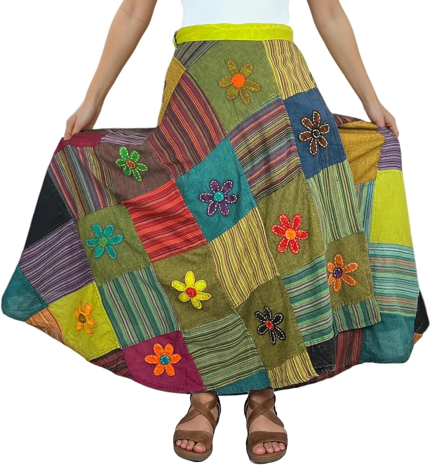 Agan Traders Women's 2025 Summer Boho Maxi Skirt for Fall Patched Tie Up High Waisted Long Skirt Bohemian Wrap Cover Up