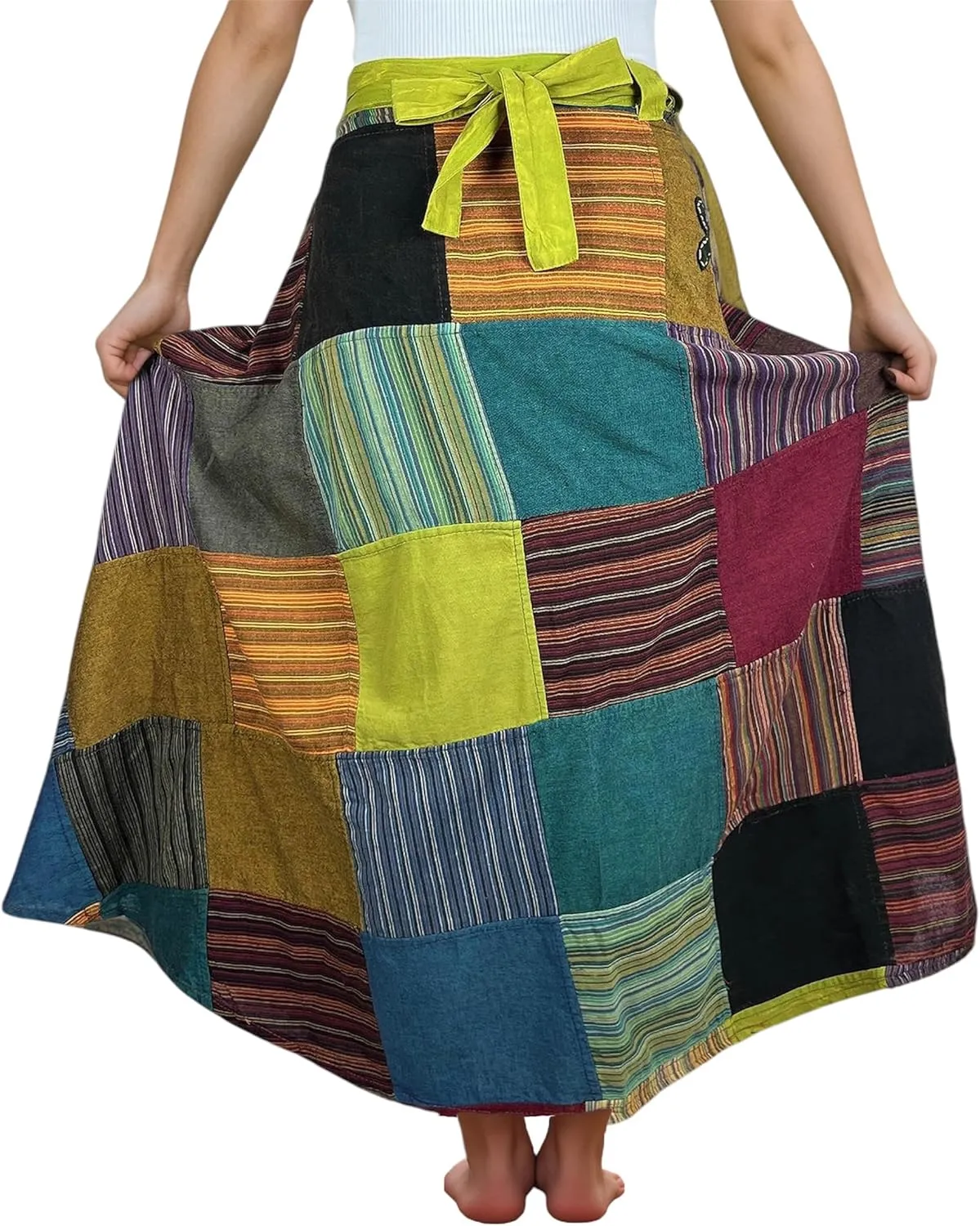 Agan Traders Women's 2025 Summer Boho Maxi Skirt for Fall Patched Tie Up High Waisted Long Skirt Bohemian Wrap Cover Up