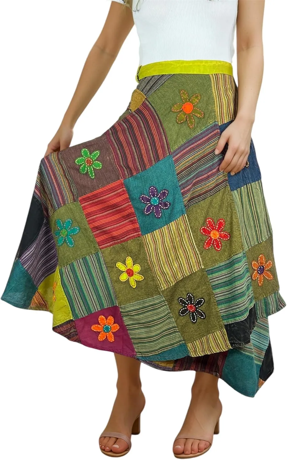 Agan Traders Women's 2025 Summer Boho Maxi Skirt for Fall Patched Tie Up High Waisted Long Skirt Bohemian Wrap Cover Up