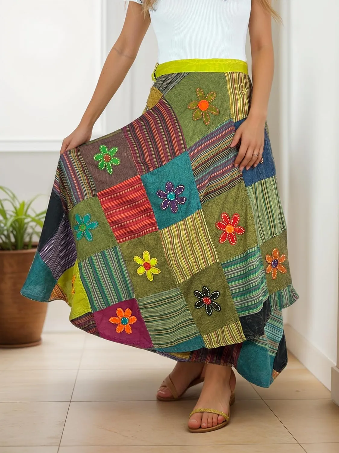 Agan Traders Women's 2025 Summer Boho Maxi Skirt for Fall Patched Tie Up High Waisted Long Skirt Bohemian Wrap Cover Up