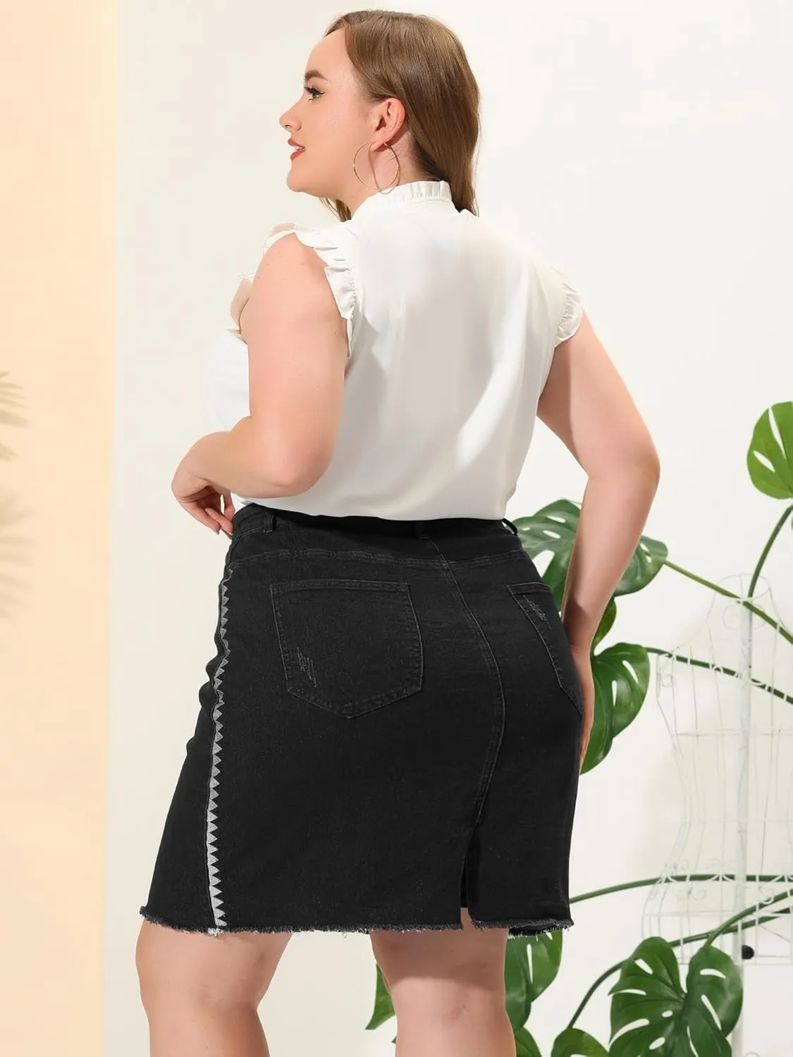 Agnes Orinda Plus Size Denim Skirt for Women Casual Embroidered Midi Distressed Jean Skirts