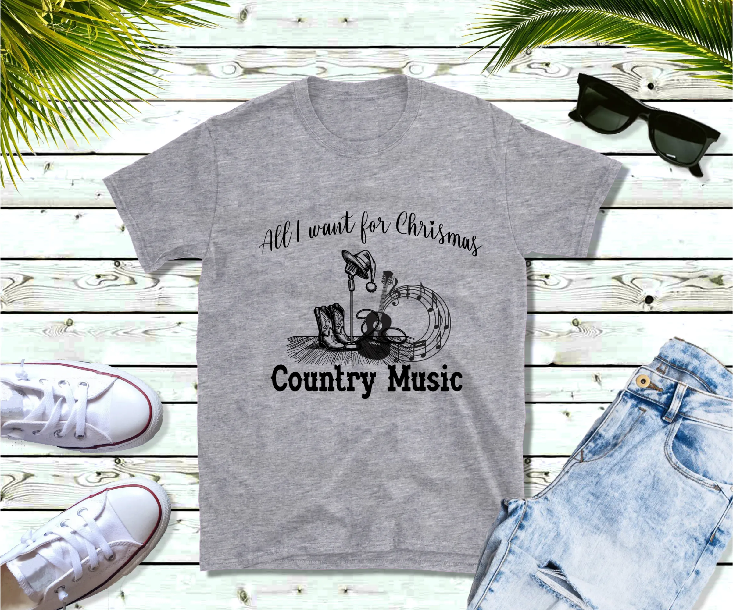 All I want for Christmas is Country MusicTee, Christmas T-Shirt, Country Christmas shirt