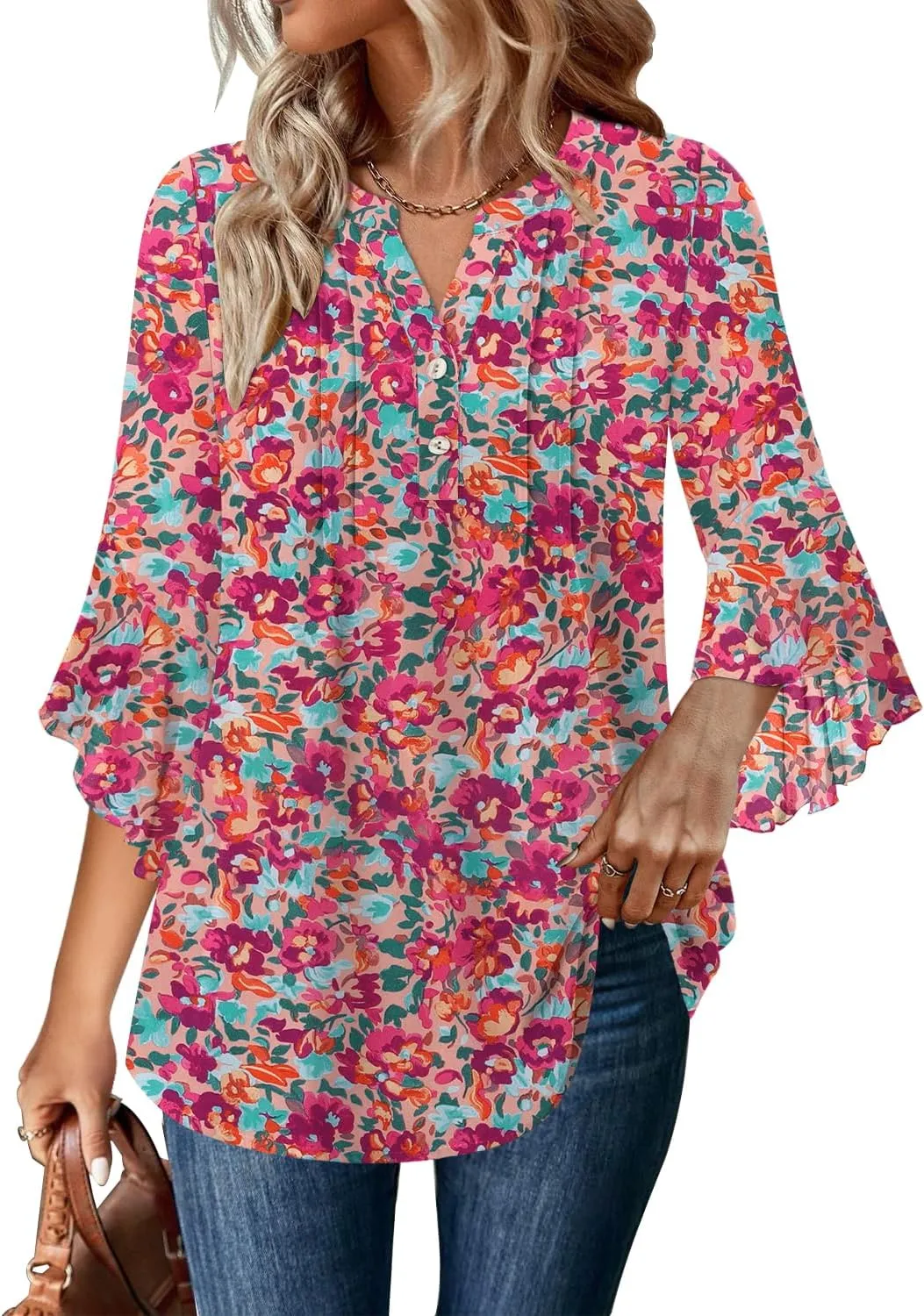 Angerella Womens 3/4 Sleeve Dressy Casual Top Trendy Shirts V Neck Business Work Chiffon Blouses