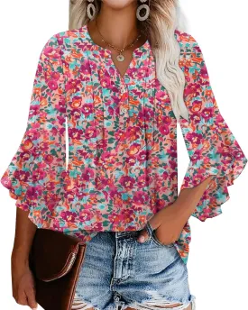 Angerella Womens 3/4 Sleeve Dressy Casual Top Trendy Shirts V Neck Business Work Chiffon Blouses