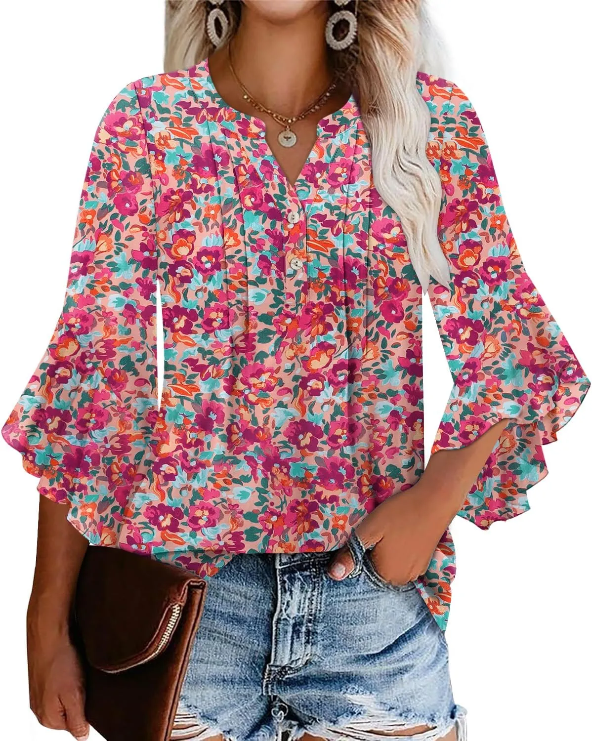 Angerella Womens 3/4 Sleeve Dressy Casual Top Trendy Shirts V Neck Business Work Chiffon Blouses