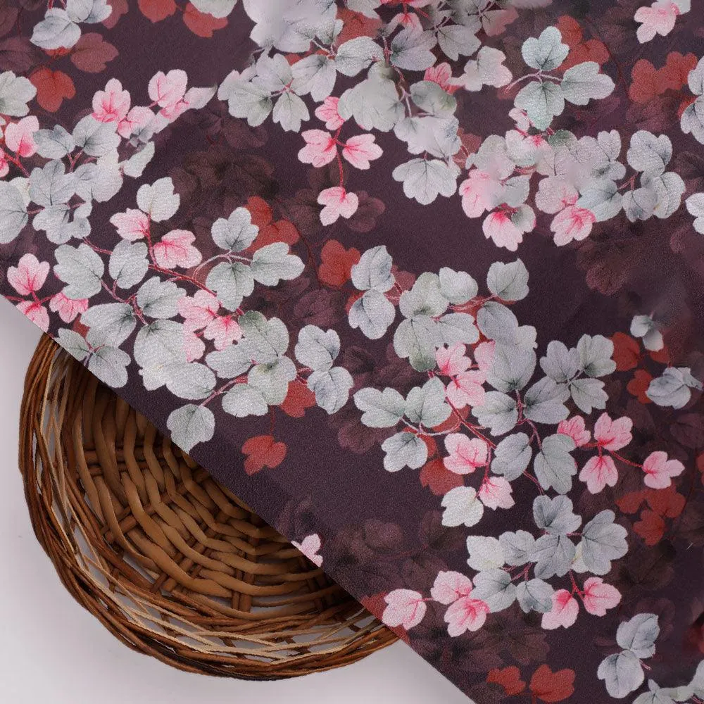 Beautiful Pink With Grey Leaves Digital Printed Fabric - Japan Satin