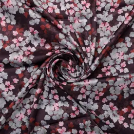 Beautiful Pink With Grey Leaves Digital Printed Fabric - Japan Satin