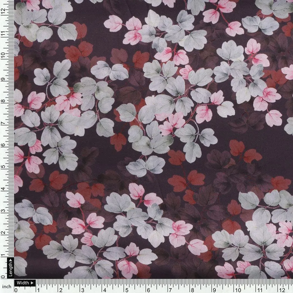 Beautiful Pink With Grey Leaves Digital Printed Fabric - Japan Satin