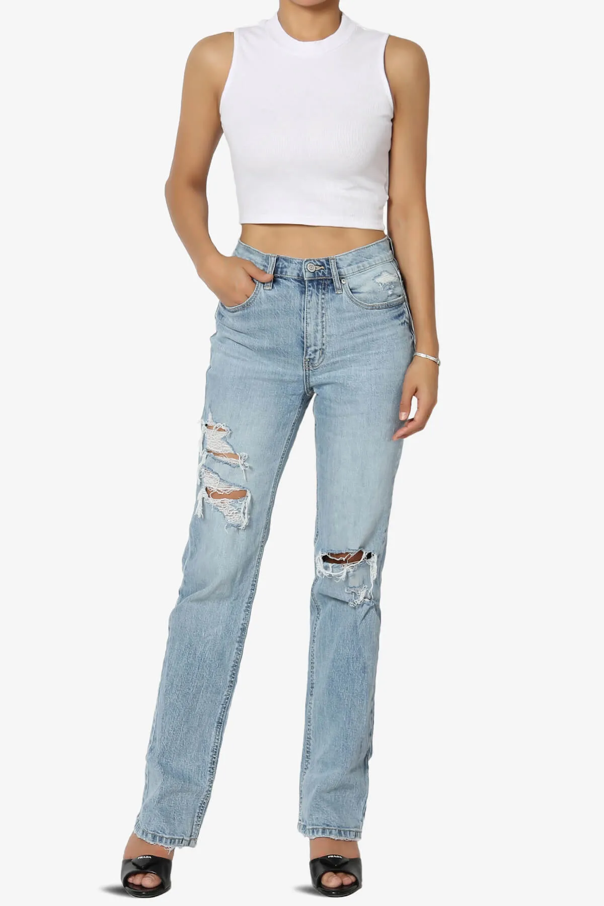 BKari High Neck Rib Crop Tank Top