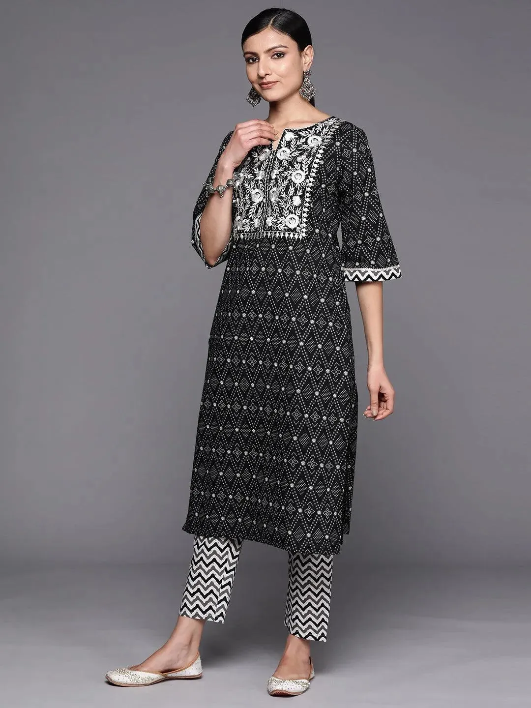 Black Printed Cotton Straight Kurta With Trousers & Dupatta