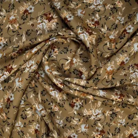 Brown & White Floral Print Rayon Fabric , Plain Weave, TU 4020-2