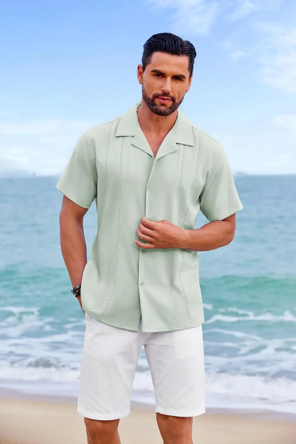 COOFANDY Guayabera Shirts for Men Cuban Short Sleeve Button Down Summer Shirts Linen Shirts