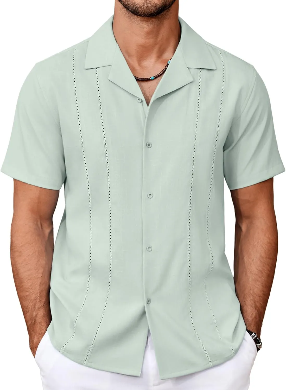 COOFANDY Guayabera Shirts for Men Cuban Short Sleeve Button Down Summer Shirts Linen Shirts