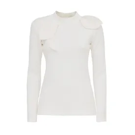 Elegant Long Sleeve Ribbed Knit Blouse White