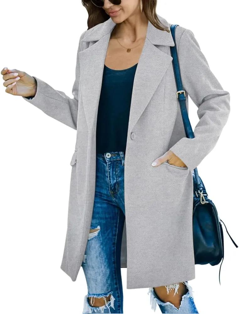 Fazortev Womens Long Sleeve Wool Blend Pea Coat Lapel Notched Collar Warm Midi Casual Jacket Overcoat