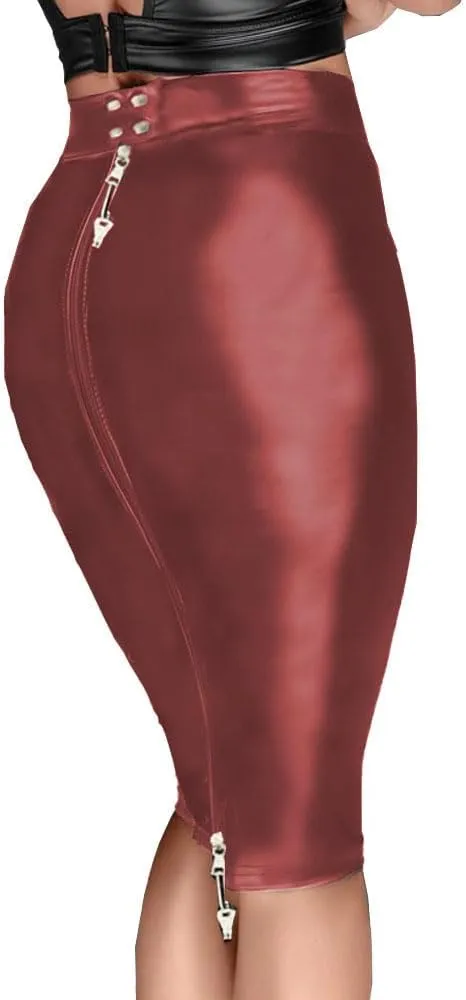 Fetish Queen Ladies Sexy Lockable Sheath Knee-Length Skirts Women High Waist Elegant Faux PU Leather Skinny Pencil Skirt