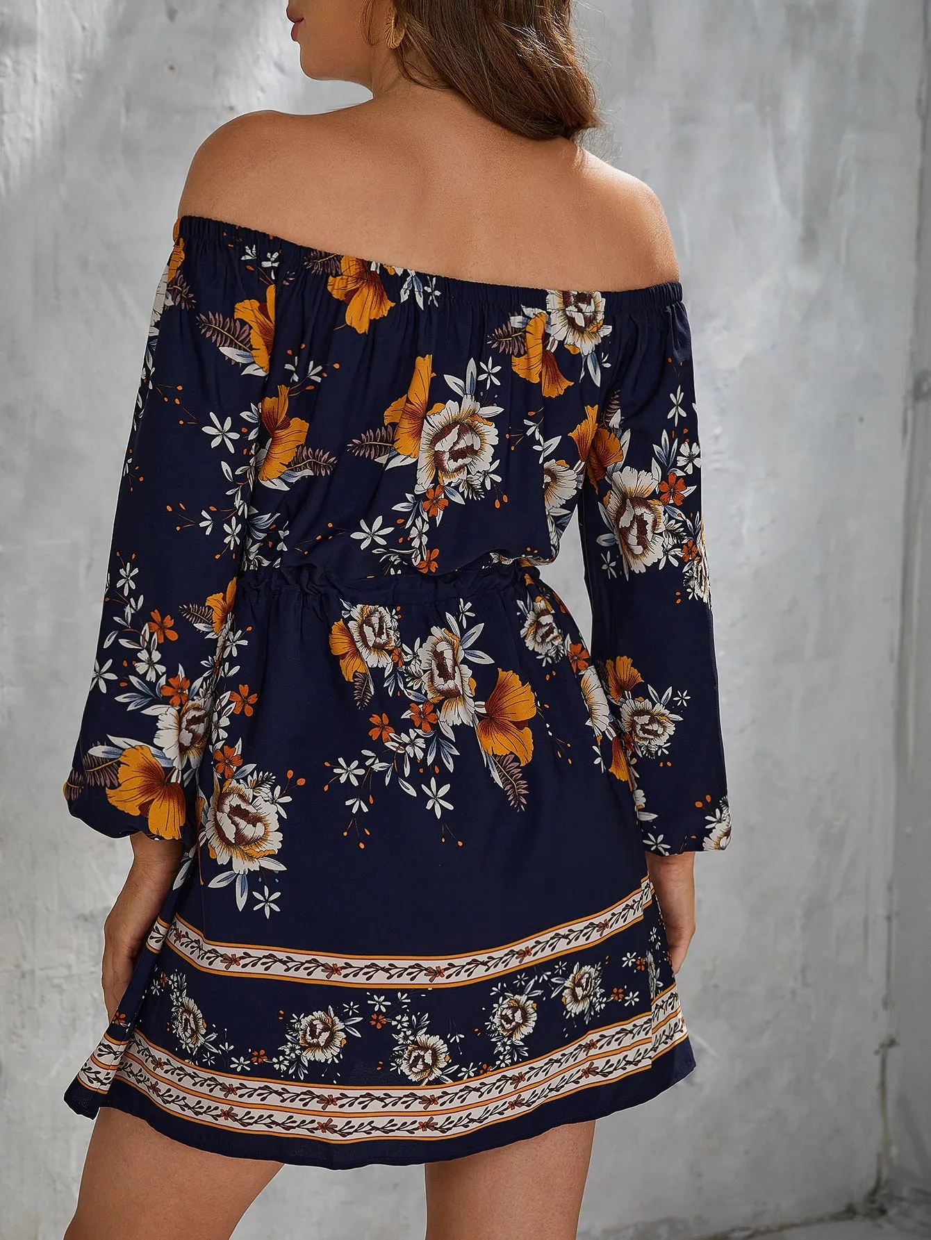 Floral Print off Shoulder Drawstring Waist Dress