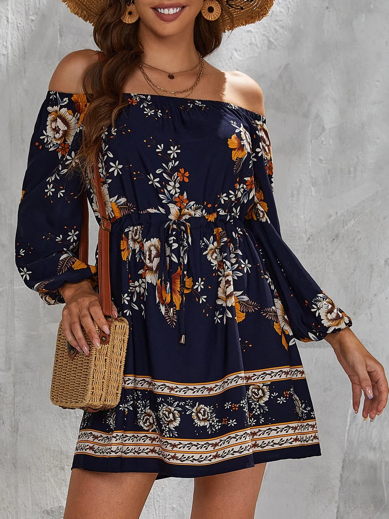Floral Print off Shoulder Drawstring Waist Dress
