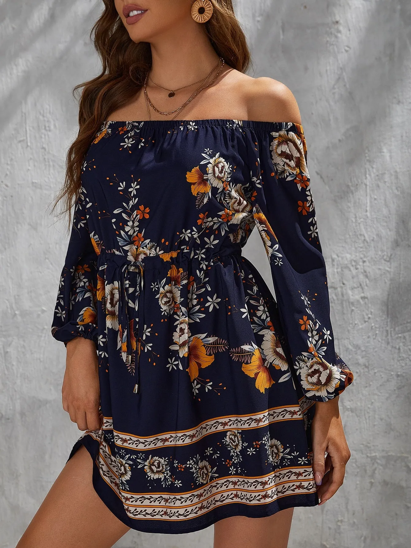 Floral Print off Shoulder Drawstring Waist Dress