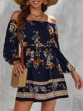 Floral Print off Shoulder Drawstring Waist Dress