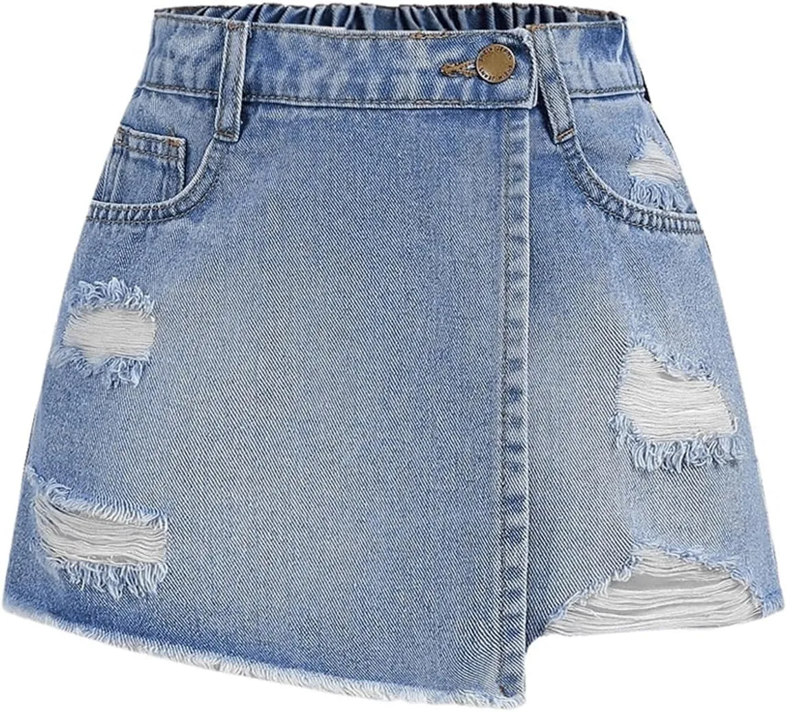 Girl's Button Elastic Waist Denim Skirts Casual Ripped Mini Shorts Asymmetric Wrap Skorts with Pocket