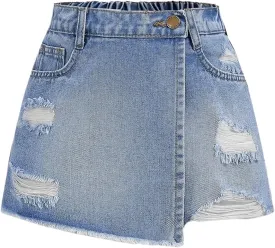 Girl's Button Elastic Waist Denim Skirts Casual Ripped Mini Shorts Asymmetric Wrap Skorts with Pocket