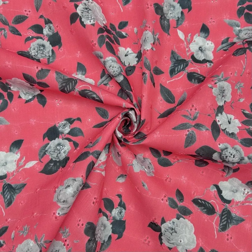 Grey Floral Broderie Anglaise Polycotton Fabric