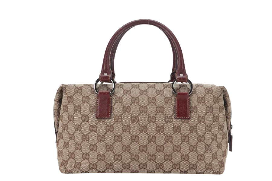 GUCCI 113009 214397 GG BOSTON BAG SMALL BEIGE MAROON CANVAS SILVER HARDWARE WITH DUST COVER