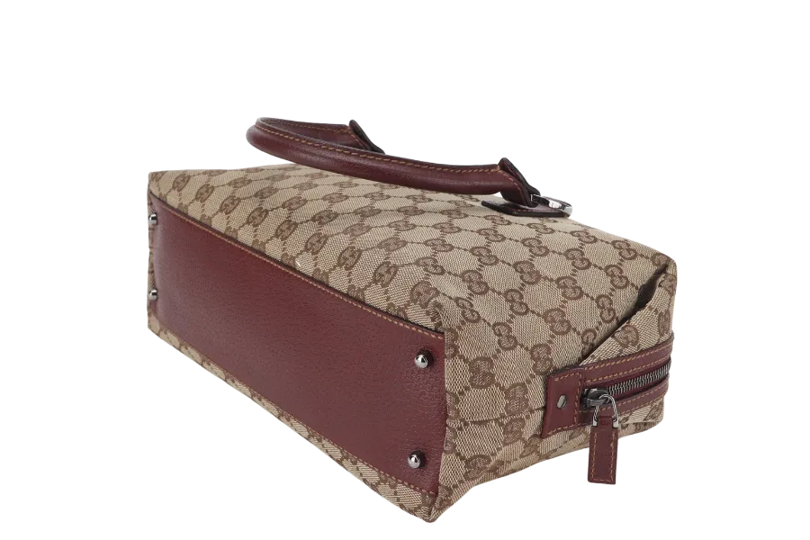 GUCCI 113009 214397 GG BOSTON BAG SMALL BEIGE MAROON CANVAS SILVER HARDWARE WITH DUST COVER