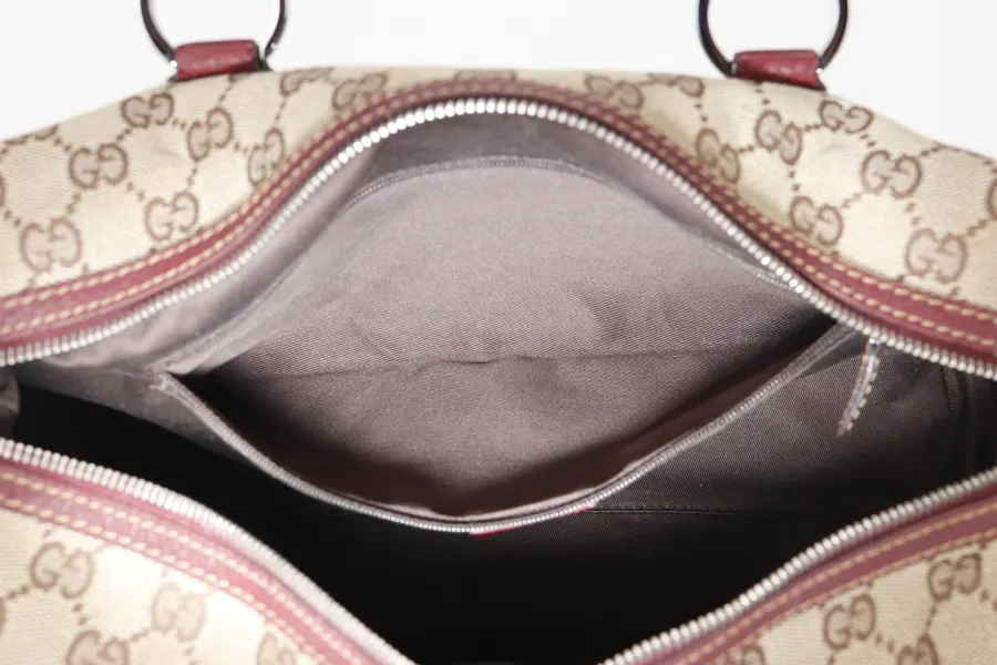 GUCCI 113009 214397 GG BOSTON BAG SMALL BEIGE MAROON CANVAS SILVER HARDWARE WITH DUST COVER