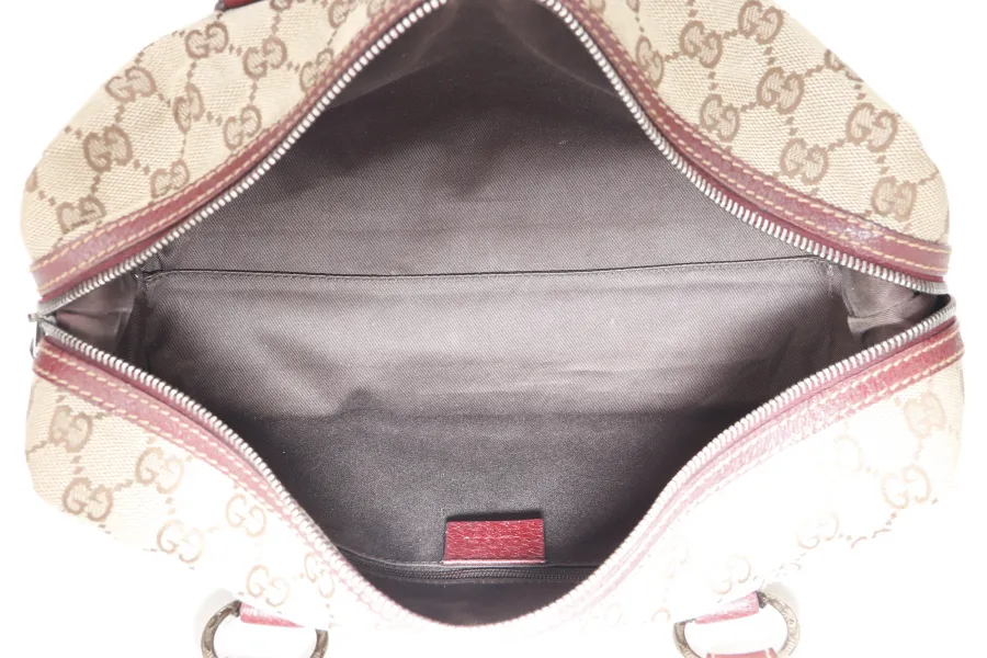 GUCCI 113009 214397 GG BOSTON BAG SMALL BEIGE MAROON CANVAS SILVER HARDWARE WITH DUST COVER