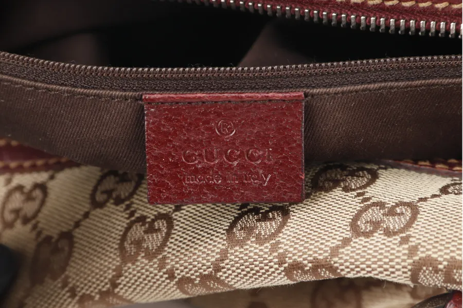 GUCCI 113009 214397 GG BOSTON BAG SMALL BEIGE MAROON CANVAS SILVER HARDWARE WITH DUST COVER