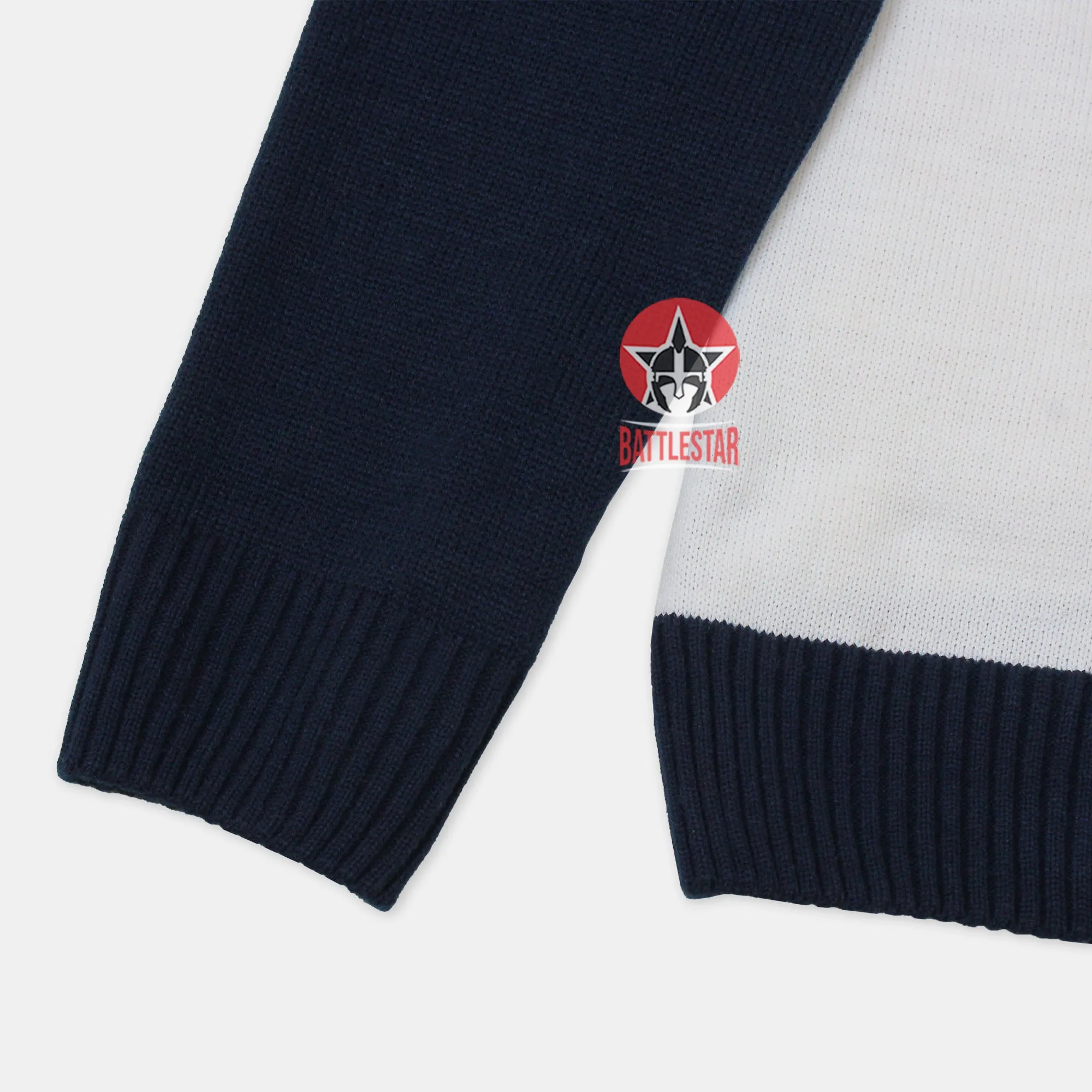 Handmade Unisex Jacquard Knitted White & Navy-Blue Cardigan School College Graduation Greek Sweater
