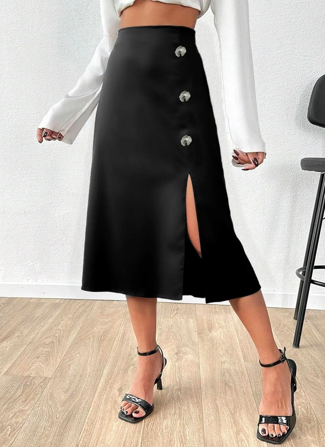 Herou Women's Casual Satin Skirt Elastic Waistband High Waisted Midi Skirts with Slit Elegant Work Office Skirts