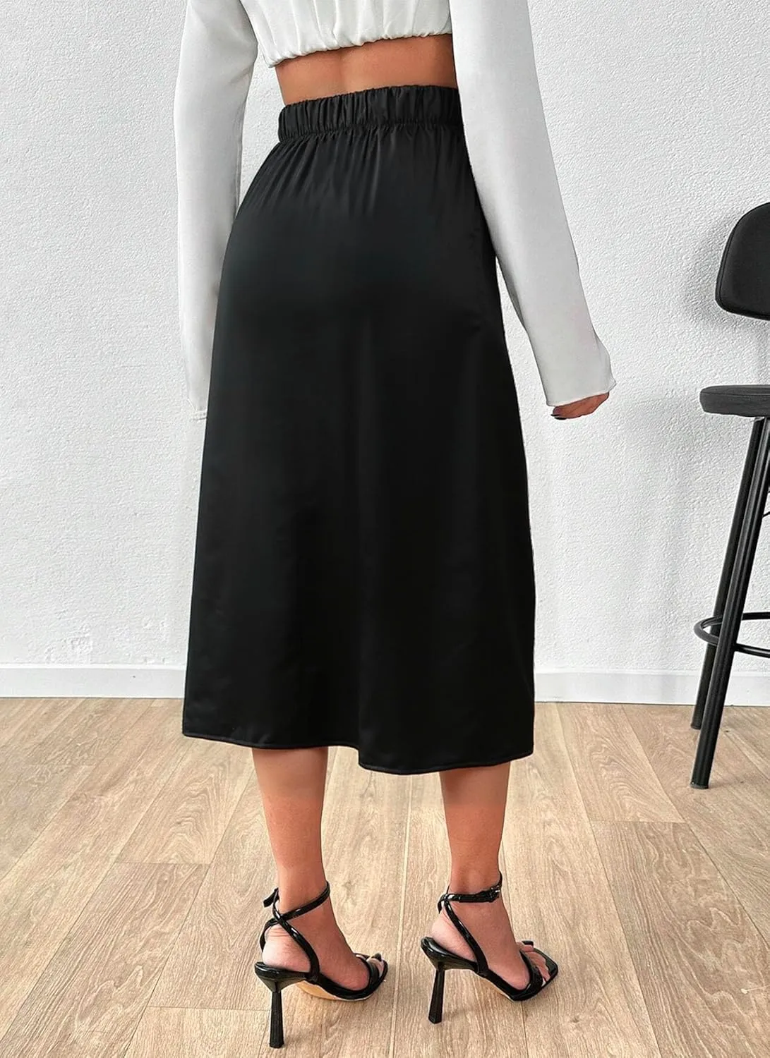 Herou Women's Casual Satin Skirt Elastic Waistband High Waisted Midi Skirts with Slit Elegant Work Office Skirts