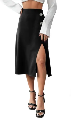 Herou Women's Casual Satin Skirt Elastic Waistband High Waisted Midi Skirts with Slit Elegant Work Office Skirts
