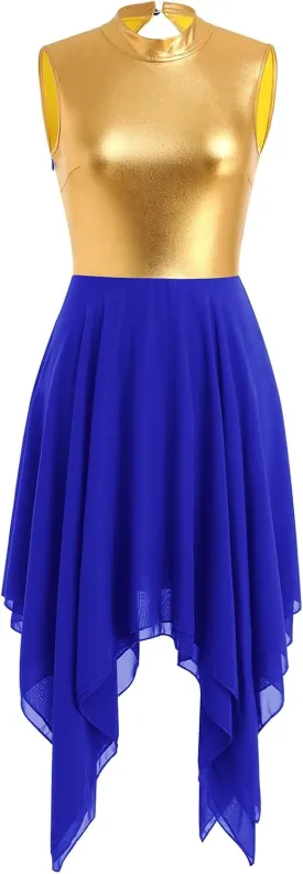 IBAKOM Praise Dance Dress for Women Gold Metallic Chiffon Asymmetric Skirt Lyrical Contemporary Dance Liturgical Overlays