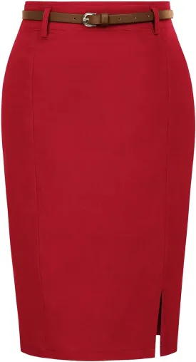 Kate Kasin Women's Bodycon Pencil Skirt with Belt Solid Color Hip-Wrapped