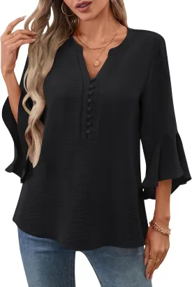 LOMON V-Neck 8-Button Dressy Blouses Polyester Woven Flowy Shirts Ruffle 3/4 Sleeve Tops Work Business Casual Tops S-XXL