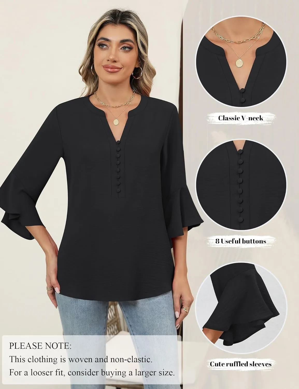 LOMON V-Neck 8-Button Dressy Blouses Polyester Woven Flowy Shirts Ruffle 3/4 Sleeve Tops Work Business Casual Tops S-XXL