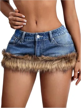 MakeMeChic Women's Y2K Summer Mini Jean Skirt Fuzzy Short Bodycon Denim Skirts with Pocket