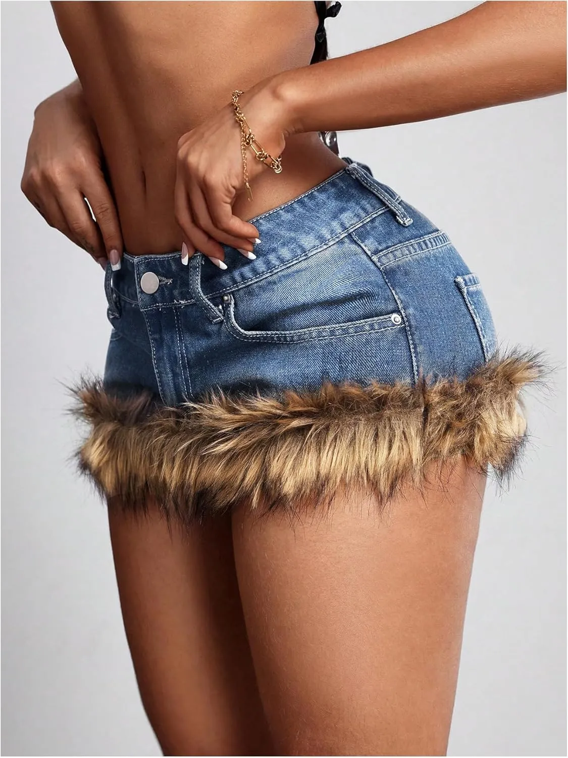 MakeMeChic Women's Y2K Summer Mini Jean Skirt Fuzzy Short Bodycon Denim Skirts with Pocket