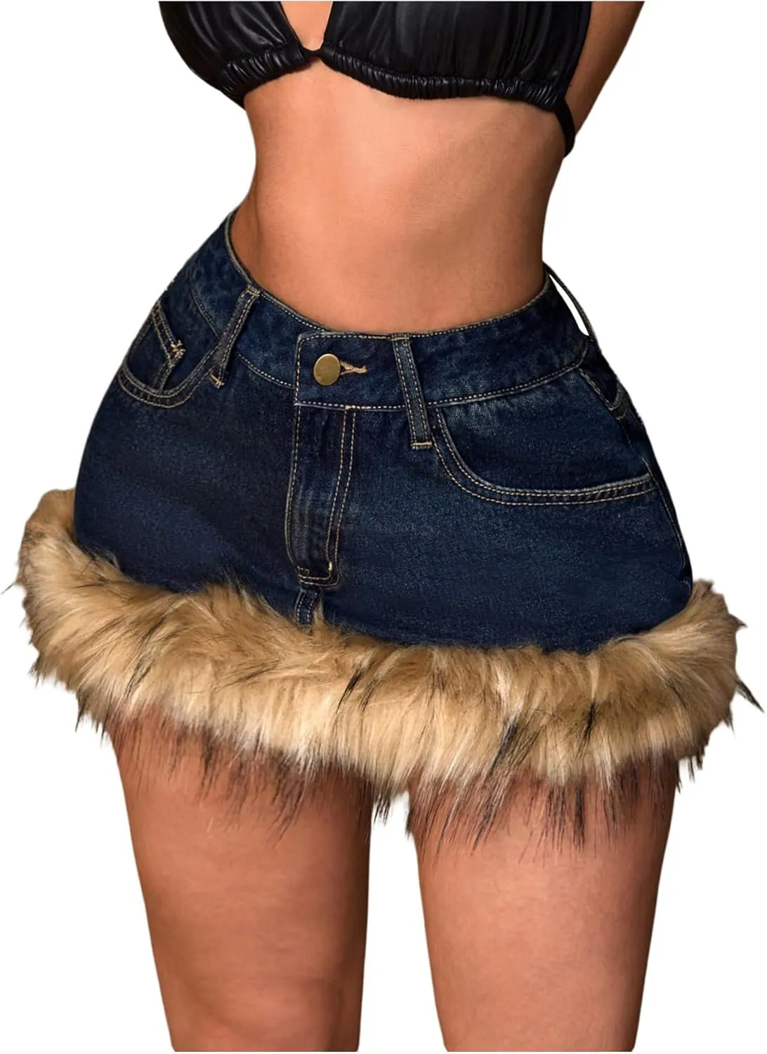 MakeMeChic Women's Y2K Summer Mini Jean Skirt Fuzzy Short Bodycon Denim Skirts with Pocket