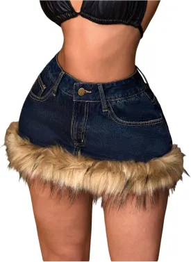 MakeMeChic Women's Y2K Summer Mini Jean Skirt Fuzzy Short Bodycon Denim Skirts with Pocket