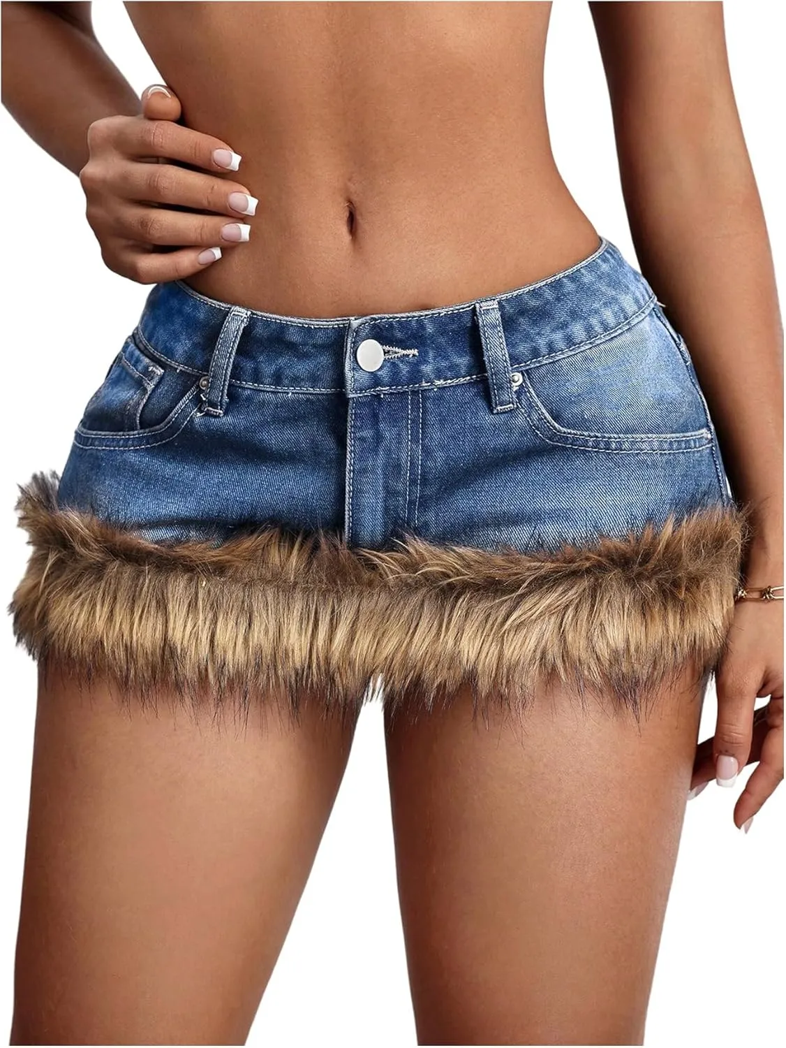 MakeMeChic Women's Y2K Summer Mini Jean Skirt Fuzzy Short Bodycon Denim Skirts with Pocket